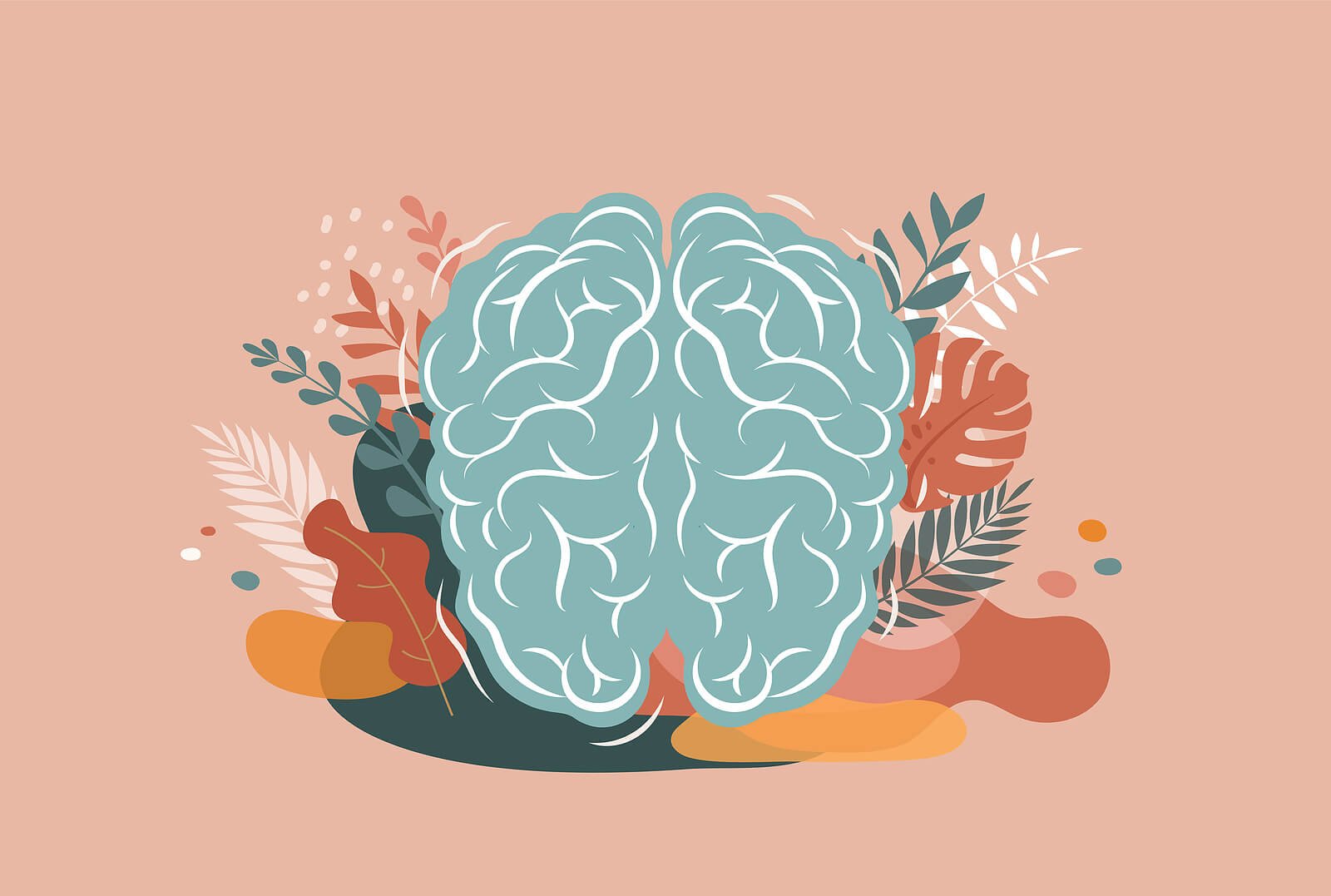 An illustration of a brain with flowers blooming around it. Representing how chronic stress can impact your brain causing problems in the future. Learn how anxiety therapy in Portland, OR can help you manage stress.