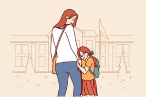 An illustration of a daughter holding on tight to her mother's arm at school. This represents how separation anxiety in kids can affect their education & mental health. Discover how child anxiety counseling in Portland, OR can help.