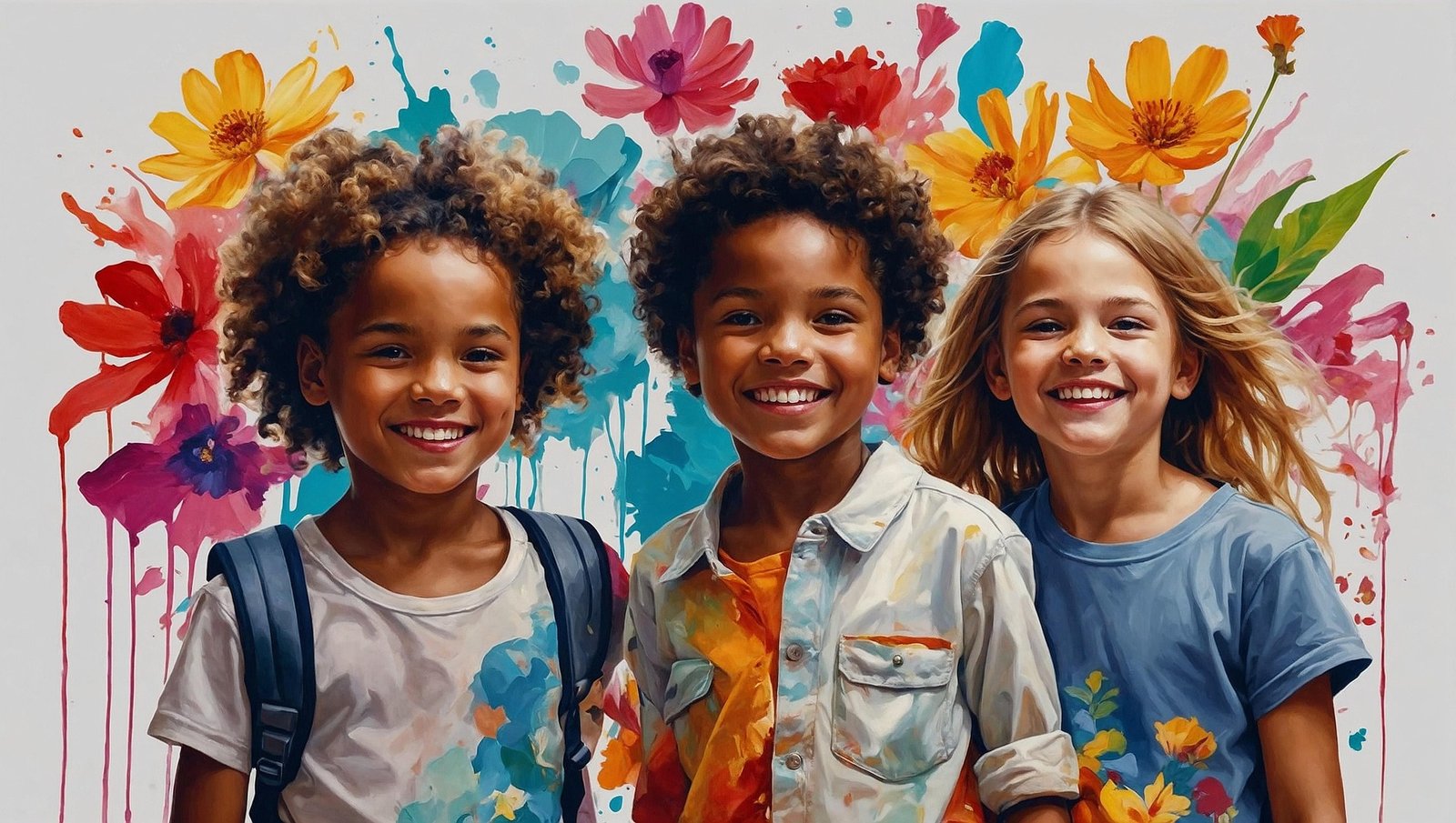 Three smiling children standing in front of colorful summer flowers, representing child mental health, growth, and emotional support during the summer months
