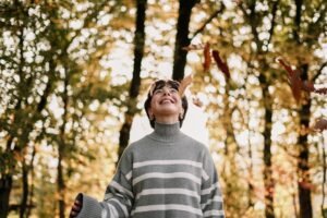 calm happy person in the woods