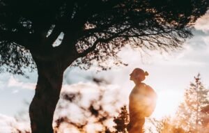 woman looking up the tree